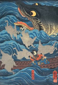 an image of a dragon attacking a boat in the ocean with other animals on it