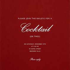 a red cocktail party card with the words cocktail or two written in white on it