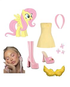 a pink pony is next to a yellow dress, shoes and a lamphade