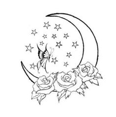 a crescent with roses and a butterfly on the moon coloring pages for kids printable