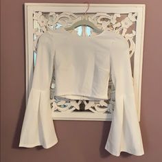 Bell Sleeves. Cut Out Back With Zipper. Never Worn! Elegant White Crop Top For Fall, Chic White Crop Top For Spring, Chic White Crop Top For Night Out, Elegant Crop Top For Brunch In Fall, Elegant Crop Top For Fall Brunch, Elegant Fall Crop Top For Brunch, Elegant Fitted Crop Top For Brunch, White Crop Top For Fall Party, Elegant White Crop Top For Spring