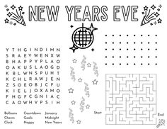 the new year's eve word search is shown in black and white