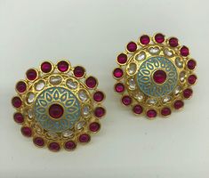 "Meenakari Kundan stud earrings,Sabyasachi Kundan studs,Jadau kundan stud earrings,Meenakari earrings,Kundan wedding jewelry@AryaFashions Beautiful high quality Traditional Indian Wedding earrings with Kundan, Stones and Meena work. Very beautiful and attractive, These sophisticated glittering earrings have high-end Kundan stones in Meena setting. Features - Traditional Kundan/Polki/Meenakari earrings pair - Handcrafted To Perfection - Unique boutique design - Perfect for Indian Weddings and Cel Indian Wedding Earrings, Polki Studs, Studs Indian, Kundan Studs, Meenakari Earrings, Earrings Kundan, Ruby Bangles, Earrings Indian, Traditional Indian Wedding