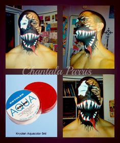 Venom makeup from Spider man done with red, black, and white aquacolor. Venom Makeup, Venom Party, Venom Halloween Costume, Spiderman And Venom, Guy Face, Seasonal Makeup, Red Halloween, Face Paintings