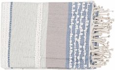 a blue and white striped towel with fringes