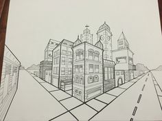 a drawing of a city street with buildings