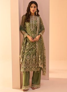 Dusty Green Embroidered Palazzo Suit Indian Suits For Women, Kurta Palazzo Set, Net Embroidery, Palazzo Suit, Salwar Kameez Online, Dusty Green, Palazzo Set, Silk Bottoms, Desi Wedding