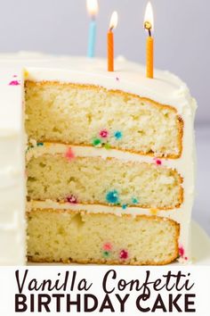 vanilla confetti birthday cake with white frosting and sprinkles