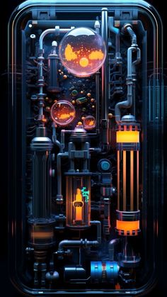 an image of a futuristic machine with many pipes and lights on it's sides