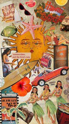 a collage of various pictures and words on a piece of paper with an image of a sun