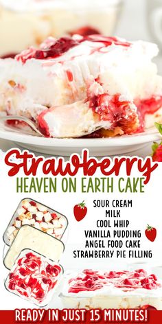 an advertisement for strawberry heaven on earth cake with strawberries and cream in the background