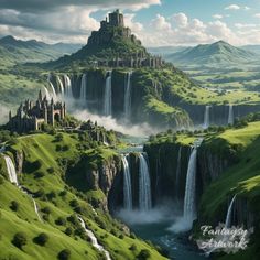 an image of a castle in the middle of a mountain with waterfalls on it