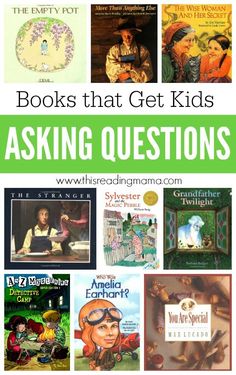 books that get kids asking questions with the title overlaying them in green and white