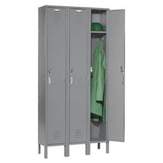 two lockers, one with a green coat and the other without it's doors