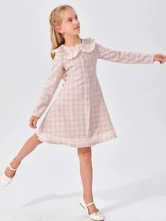 Girls Lace Trim Statement Collar Buttoned Front Plaid Dress | SHEIN USA Statement Collar, Shein Style, Plaid Dress, Dress P, Fashion News, Lace Trim, Girls Dresses, Fashion Dresses, Long Sleeve Dress