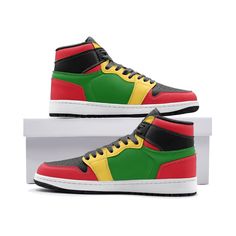 Extremely comfortable custom leather sneakers with high quality Rasta print. .: Made of leather .: Great quality! .: 3-13.5 US sizes .: Non-marking rubber outsole for traction and durability .: Perforated toe box provides breathability. .: Comfort and impact protection. I Can Ship Worldwide! ** Please allow 1-3 weeks for delivery  Note that sizes are listed in / suitable for both men and women (see pictures for size chart). Refer to the "insole length" column for the most accurate fit. Rasta Sho Sneakers Athletic, Shoes For Men, Custom Leather, Leather Sneakers, Jamaica, 3 Weeks, Athletic Shoes, Shoes Mens, Baskets