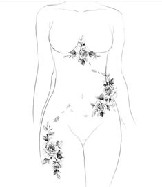 a drawing of a woman's body with flowers on the chest and back side