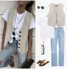 Women Vest Outfits Summer, Waist Vest Outfits For Women, Outfits With Vests For Women, Waistcoat Outfit, Vest Outfits For Women, Cooler Look, Casual Chic Outfit