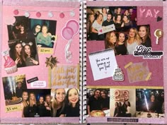 a pink scrapbook with pictures and words on the pages, along with photos from friends