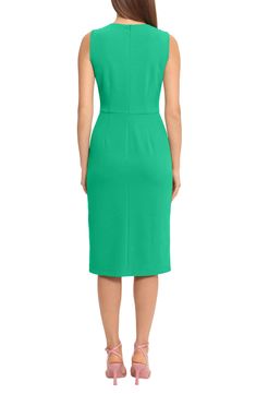 Sleeveless Midi Dress With Flattering Silhouette, Elegant Sleeveless Midi Dress With Split Design, Solid Sleeveless Midi Dress With Flattering Silhouette, Sleeveless Elastane Midi Dress For Formal Occasions, Fitted Sleeveless Midi Dress With Split Design, Sleeveless Split Design Bodycon Dress, Bodycon Sheath Midi Dress With Side Slits, Sleeveless Midi Dress With Flattering Silhouette For Work, Sleeveless Fitted Dress With Split Design