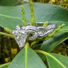 two wedding rings sitting on top of green leaves