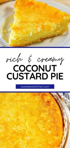 coconut custard pie on a plate with text overlay