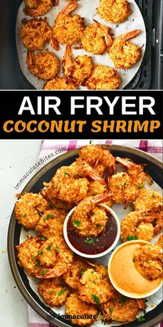 Easy Coconut Shrimp that’s irresistibly sweet, crunchy, and juicy! This seafood air fryer recipe features shrimp coated in a crispy coconut crust, making it a healthier version of your favorite party appetizer. Serve it with homemade marmalade or spicy sriracha dipping sauce for a delightful kick. Perfect for game day or any gathering, these shrimp will keep you coming back for more! Air Fryer Coconut Shrimp, Air Fryer Recipes Healthy Low Carb, Coconut Shrimp Recipe, Coconut Shrimp Recipes, Oven Air Fryer, Air Fryer Chicken Wings, Air Fried Food, Air Fryer Oven Recipes, Air Fry Recipes