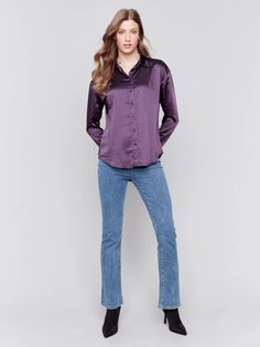 Embrace the casual elegance of this solid satin button-down shirt. Its minimalist design exudes sophistication, while the rich plum purple color adds a touch of luxury to your ensemble. The slight stretch offers comfort, while the sheen of the satin fabric makes it a versatile piece for both day and night looks. Enjoy the silky-smooth, luxurious satin feel. This shirt falls elegantly, adding a sophisticated touch. Ideal for both office wear and evening occasions, it’s a versatile must-have for a Satin T Shirt, Satin Button Down Shirt, Denim Editorial, Linen Jackets, Short Denim, Chic Leather, Maxi Robes, Satin Shirt, Linen Skirt