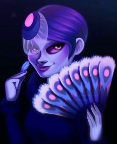 a digital painting of a woman with purple hair holding a fan and looking at the camera