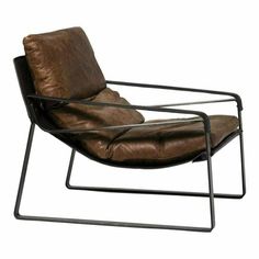 Connor Brown Leather Slipper Chair Metal Frame Accent Chairs LOOMLAN By Moe's Home Leather Sling Chair, Leather Club Chairs, Leather Accent Chair, Leather Frames, Sling Chair, Leather Cushion, Club Chair, Leather Slippers, Metal Chairs