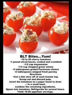 the recipe for blt bites is shown in an advertiser's poster