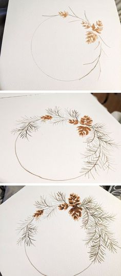 three pictures of pine cones and leaves on white paper with gold foiled details in the middle