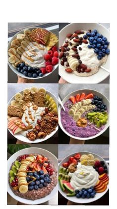 six pictures of different types of desserts in white bowls with fruit and nuts on them