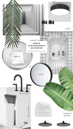 a collage of various architectural details including a plant, mirror and other items that are on display