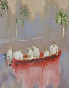 a painting of people in a boat with palm trees behind them and one man standing on the side