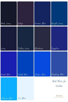 blue and black color palettes with the names of different colors in each one section