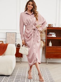 Women 2024 Long Sleeve Lapel V Neck Button Down Satin Dress Belted Elegant Ruched Maxi Shirt Dresses This Button Down Dress is so cute and is so comfortable to wear. Light and breezy.Fabric is so flowy springy and gorgeous with just a hint of vintage style in my opinion! Very fun and feminine. Elegant tie waist belt give you a stylish look. Nursing friendly shirt dress with functional buttons. The material and overall quality of this midi dress is really great. Feminine Long Sleeve Midi Dress With Button Closure, Long Sleeve Shirt Dress With Button Closure For Brunch, Pink Button-up Midi Dress, Pink Button-up Midi Dress With Button Closure, Feminine Button-up Shirt Dress, Pleated Shirt Dress, Pleated Shirt, Maxi Shirts, Glam Girl