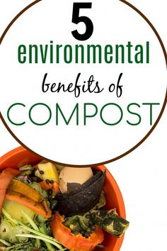 an orange bowl filled with vegetables and the words 5 environmental benefits of compostt