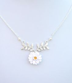 White Gerbera Daisy and Branch Necklace. Leaf Branch Drop - Etsy White Sterling Silver Birth Flower Necklaces, White Dainty Flower Pendant Necklace, Dainty White Flower Pendant Necklace, White Birth Flower Pendant Necklace, Dainty White Necklace With Flower Charm, Nature-inspired White Birth Flower Necklace, White Adjustable Flower Charm Necklace, White Adjustable Charm Necklace With Flower Charm, White Flower Charm Pendant Necklace