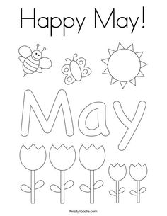 happy may coloring page with flowers and bees