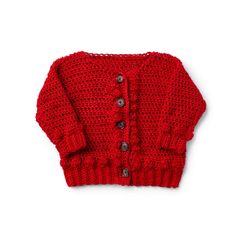 a red knitted sweater with buttons on the front and back, sitting on a white surface