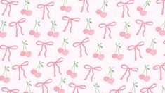 cherries with pink bows and green leaves on a white background seamless wallpaper