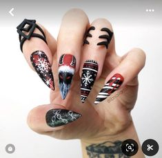 Halloween Christmas Nails, Krampus Nail Art, Krampus Nails, Black Holiday Nails, Black And White Christmas Nails, Dark Christmas Nails, Nails In Black, Black Christmas Nails, Scary Halloween Nails Design