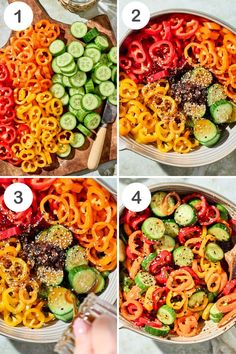 the steps to make colorful pasta salad with peppers and cucumbers in a bowl