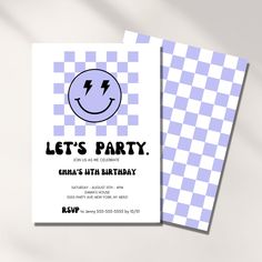 a birthday party card with a smiley face on it