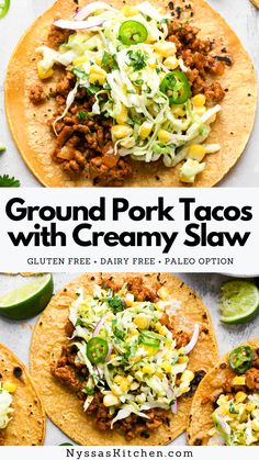 ground pork tacos with creamy slaw and jalapenos on the side