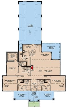 the first floor plan for a home with multiple rooms and an attached kitchen area, along with