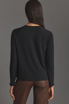 Polyester, viscose, elastane Pullover styling Hand wash Imported | Buttons Baby T-Shirt by Anthropologie in Black, Women's, Size: XL, Polyester/Viscose/Elastane Fall Layering Blouse With Crew Neck, Versatile Viscose Tops For Fall, Versatile Viscose Tops For Layering, Versatile Viscose Tops For Loungewear, Versatile Relaxed Fit Top For Fall, Casual Crew Neck Top In Viscose, Versatile Crew Neck Tops For Fall, Cotton Tops With Shirttail Hem For Fall, Casual Viscose Tops With Shirttail Hem