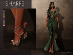 a woman in a green dress and high heels with the word shape here on it