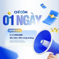 a person holding a blue and white megaphone with the words chion 01 ngay above it